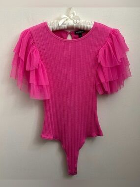 Express Hot Pink Ruffle Sleeve Ribbed Bodysuit